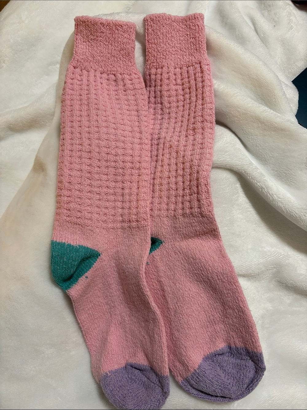 Free People Pink Waffle Crew Socks with Teal Heel and Lavender Toe